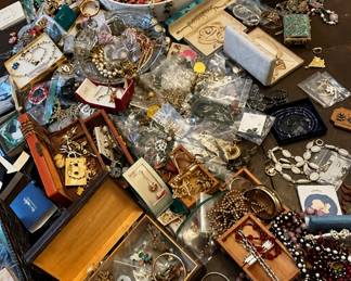 Costume Jewelry Collection Including Necklaces, Brooches, Earrings & Designer Pieces, Joan Rivers, Swarovski, Monet, Trifari, Coro, Corocraft, Sarah Coventry, Napier, Avon, Weiss, Kramer, Lisner, BSK, Eisenberg, Effy, Anne Klein, Kenneth Jay Lane (KJL), Nolan Miller, Givenchy, Liz Claiborne, Monet-style gold-tone jewelry, vintage rhinestone brooches, faux pearl necklaces, enamel jewelry, cloisonné jewelry, statement necklaces, fashion watches, boxed jewelry gift sets, earrings, bracelets, brooches, pendants, necklaces, rings, and collectible costume jewelry.