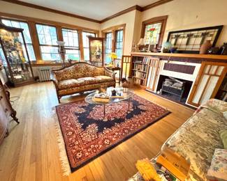 Arts & Crafts Living Room with Built-In Bookcases, Stained Glass & Antique Furnishings