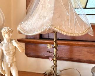 Vintage Brass Floral Boudoir Table Lamp with Porcelain Roses & Fabric Shade