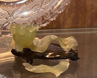 Chinese Jade Carved Serpentine or Decorative Flower on Carved Wood Stand