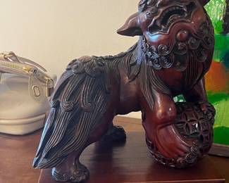 Chinese Carved Resin Foo Dog / Guardian Lion Sculpture on Greek Key Base