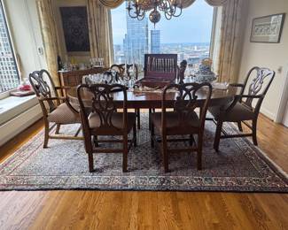 Chippendale Style Mahogany Dining Table with Six Chairs and Persian hand knotted wool rug Blue with floral elements 8'x10'