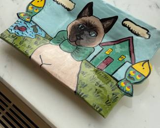 Signed Folk Art Siamese Cat Ceramic Wall Plaque