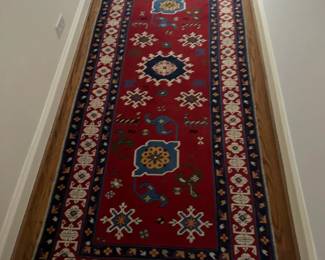Caucasian Kazak Style Red Wool Short Runner Rug Hand Knotted