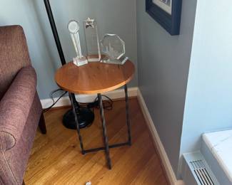 Round Wood Top Wrought Iron Accent Side Table