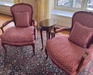 Pair Louis XV Style Carved Wood Bergère Armchairs (Side Table NFS)