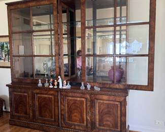 Burl Wood Breakfront China Cabinet with Glass Doors