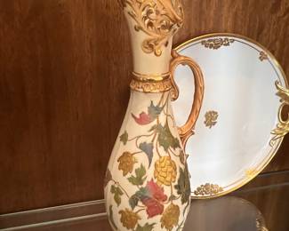 Locke & Co. Worcester England Hand-Painted Porcelain Ewer / Pitcher with Autumn Leaf Decoration & Gilt Accents