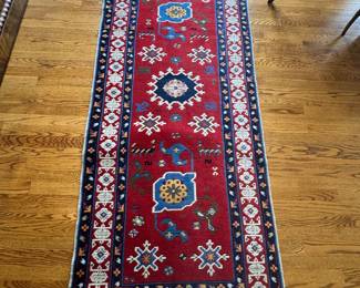 Caucasian Kazak Style Red Wool Short Runner Rug Hand Knotted