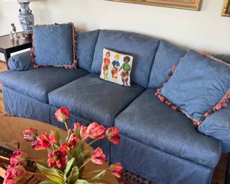 Blue Damask Upholstered Three-Cushion Sofa, $350–600