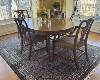 Chippendale Style Mahogany Dining Table with Six Chairs and Persian hand knotted wool rug Blue with floral elements 8'x10'  