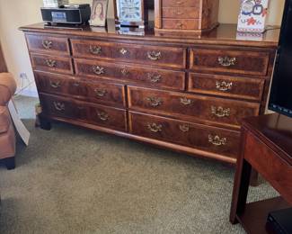 Henredon Aston Court Burl Wood Triple Dresser with Brass Hardware
