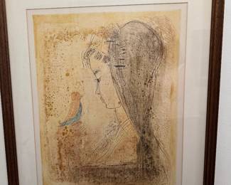 Etienne Ret Signed Etching of Woman with Bird, No. 48/75
