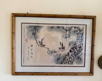 Chinese Ink & Wash "Domestic Harmony" Bird and Pine Painting on Paper, Framed