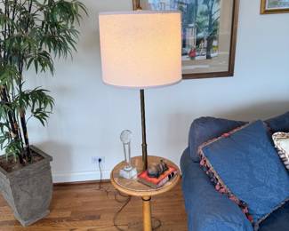 Mid-Century Modern Brass & Wood Floor Lamp with Integrated Side Table,