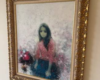 Hu Chi-Chung Oil and Sand on Canvas, Girl with Flowers Signed Painting (1960's)