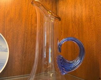 Contemporary Hand-Blown and Signed Art Glass Pitcher with Cobalt Blue Applied Handle