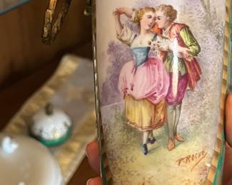 19th Century French Sèvres-style Hand-Painted "Fêtes Galantes" Porcelain & Gilt Bronze Covered Urn, Signed by P. Roche