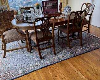 Chippendale Style Mahogany Dining Table with Six Chairs and Persian hand knotted wool rug Blue with floral elements 8'x10'