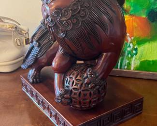 Chinese Carved Resin Foo Dog / Guardian Lion Sculpture on Greek Key Base