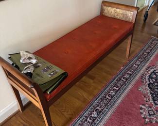 Mid-Century Modern Walnut Cane Back Bench with Upholstered Seat