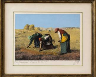 After Millet “The Gleaners” Hand-Colored Print, Signed