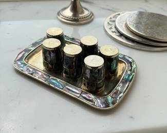 MCM Mexican Abalone Shell & Silverplated Brass Cordial / Shot Cup Set with Matching Tray