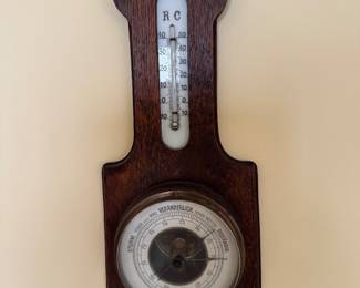 German Aneroid Barometer & Thermometer on Wood Plaque, Johannes Greiner Munich