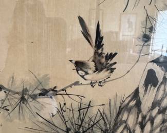 Chinese Ink & Wash Bird and Pine Painting on Paper, Framed