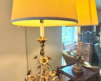 Italian Hollywood Regency Gilt Metal Floral Tole Table Lamp with Sculpted Flowers & Pleated Drum Shade