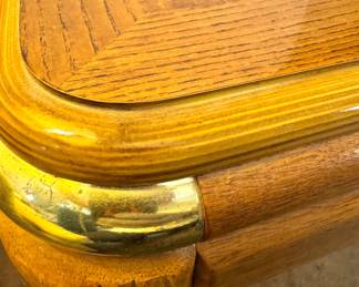 Geometric Parquetry Oak Square End Table with Brass-Tone Corner Accents