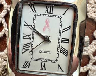 Pink Ribbon Breast Cancer Awareness Rectangular Silver-Tone Quartz Wristwatch with Roman Numeral Dial & Pink Strap