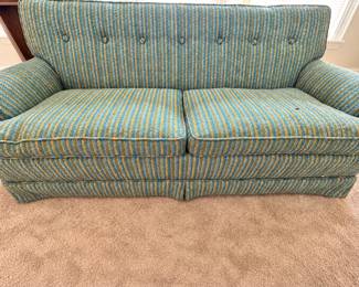 Traditional Two-Cushion Sofa with Button-Tufted Back & Blue, Green and Gold Striped Upholstery