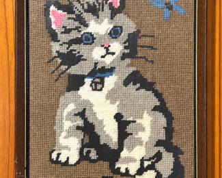 Framed Hand-Stitched Needlepoint Gray Tabby Kitten with Blue Eyes & Butterfly