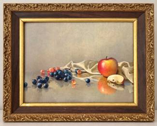 Realist Still Life Fruit Painting of Apples & Grapes in Ornate Gold Giltwood Frame