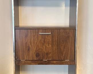 Mid-Century Modern Walnut-Finish Open Bookcase with Drop-Front Secretary Desk & Chrome Trim