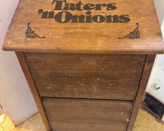 Rustic Wooden Two-Compartment Potato & Onion Storage Bin with Hinged Lid and Decorative Stenciling
