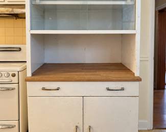 Freestanding White Kitchen Hutch Cabinet with Glass Sliding Doors, Butcher Block Countertop & Lower Storage