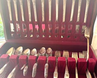 1847 Rogers Bros. Silverplate Flatware Set with Ornate Floral Pattern & Wooden Storage Chest