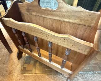 Rustic Country Oak Magazine Rack with Scalloped Carry Handle, Turned Spindles & Floor-Standing Design