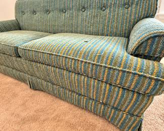 Traditional Two-Cushion Sofa with Button-Tufted Back & Blue, Green and Gold Striped Upholstery