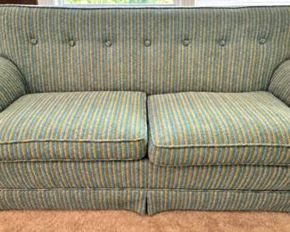 Traditional Two-Cushion Sofa with Button-Tufted Back & Blue, Green and Gold Striped Upholstery