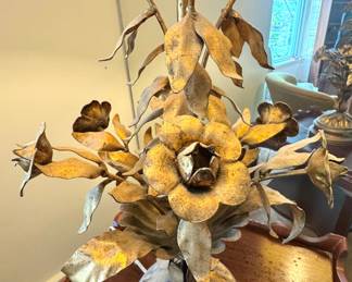 Italian Hollywood Regency Gilt Metal Floral Tole Table Lamp with Sculpted Flowers & Pleated Drum Shade