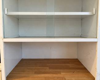 Freestanding White Kitchen Hutch Cabinet with Glass Sliding Doors, Butcher Block Countertop & Lower Storage
