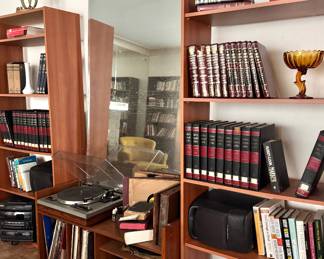 Modular Walnut-Finish Entertainment Center with Two Open Bookcases & Low Record Storage Console