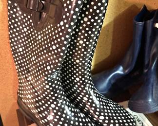 Xhilaration Black & White Polka Dot Knee-High Rubber Rain Boots with Side Buckle, Size 6