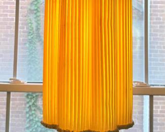 Hollywood Regency Gilt Metal Hanging Swag Pendant Chandelier with Pleated Drum Shade & Crystal Prisms