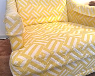 Dorothy Collins Interiors Yellow & White Geometric Upholstered Lounge Armchair with Loose Back Cushion