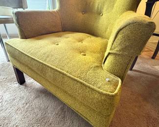Mid-Century Modern Chartreuse Green Button-Tufted Barrel Lounge Chair with Sculpted Arms & Wood Legs