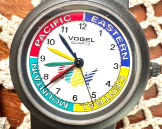 Vogel Quartz World Time Zone Wristwatch with Colorful Pacific, Eastern, Central & Mountain Dial and Black Case